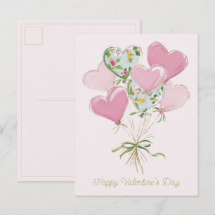 Cartão Postal Corações de Dia dos Namorados Balões Cor-de-Rosa e