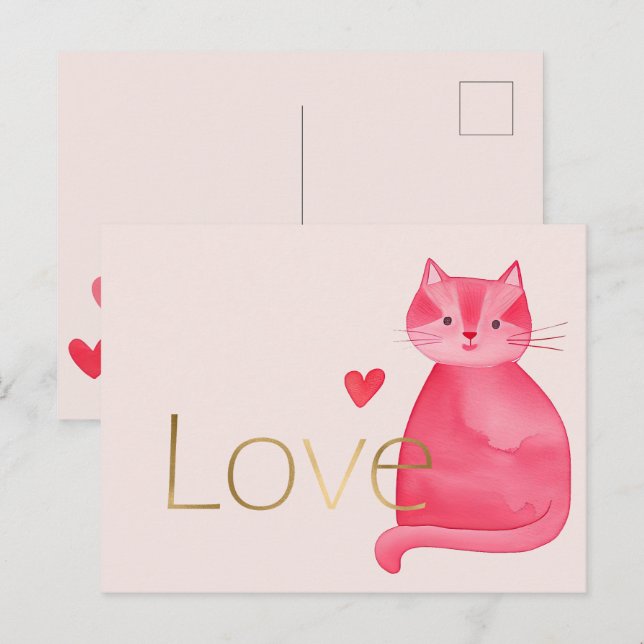 Cartão Postal Corações de Gato Rosa Dourado Amor (Frente/Verso)