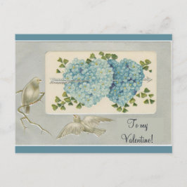 Cartão Postal Corações de Namorados Floral Azul Vintage com