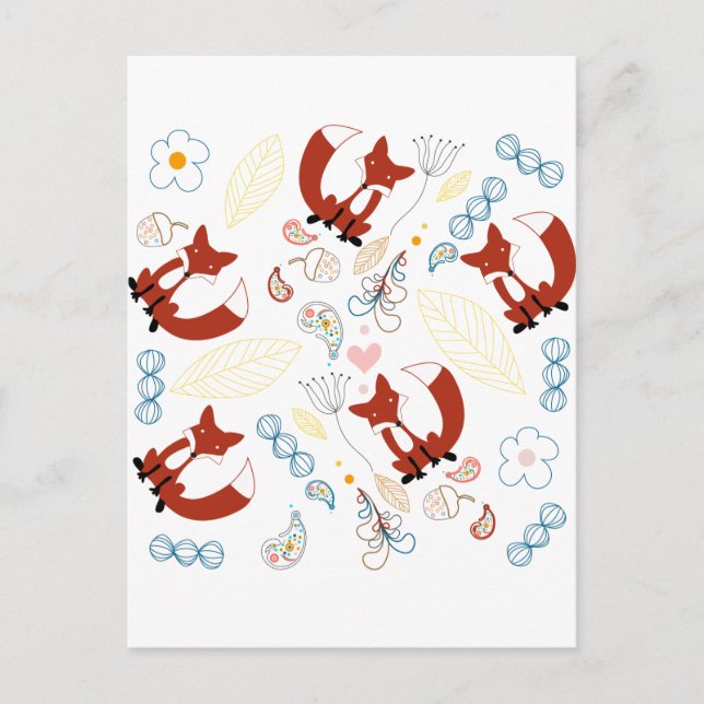Cartão Postal Corações de Raposa Desenhados à Mão em Amarelo Azu (Frente)