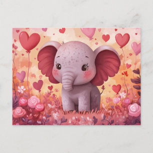 Cartão Postal Corações e Flores Elefantes Adoráveis