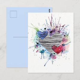 Cartão Postal Corações Fofos E Lavagens Em Aquarela 