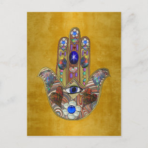 Cartão Postal Corações Hamsa Flores Opala Arte em Ouro
