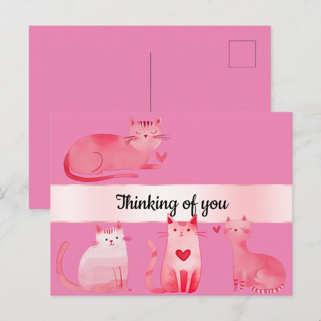 Cartão Postal Corações Rosa Gatos Pensando em Você (Frente/Verso)