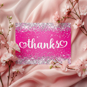 Cartão Postal Corações Rosa Neon Brilhante Prata Agradecimento S