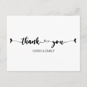 Cartão Postal Corações Simples e Caligrafia de Pássaro Obrigado