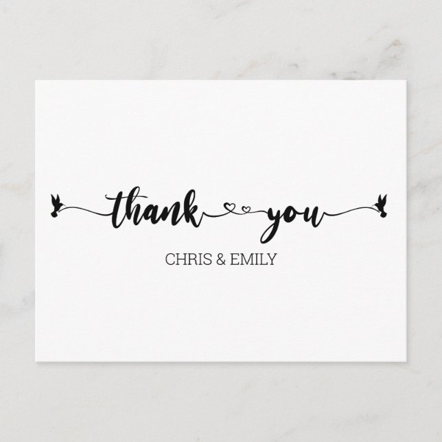 Cartão Postal Corações Simples e Caligrafia de Pássaro Obrigado (Frente)