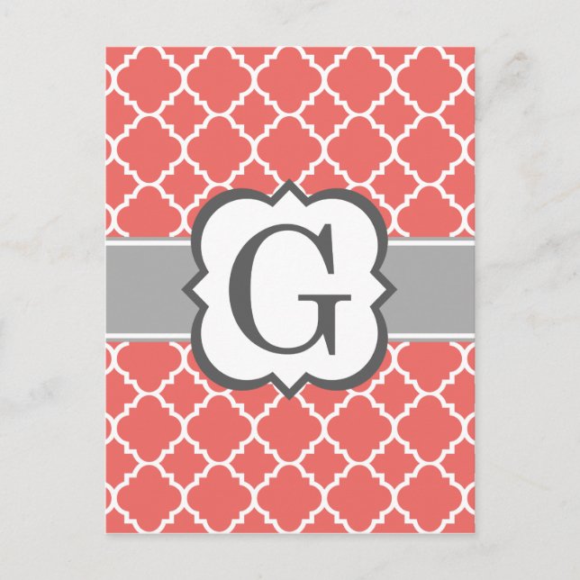 Cartão Postal Coral Branco Monograma - Letra G Quatrefoil (Frente)