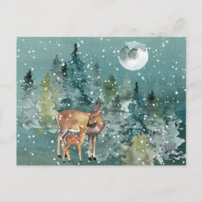 Cartão Postal Corça e Cervo no Bosque Neve Lua Cheia (Frente)