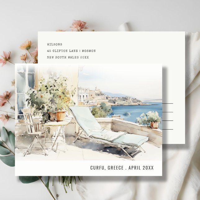 Cartão Postal Córcira Grécia Aquarela Paisagem Viagem (Criador carregado)