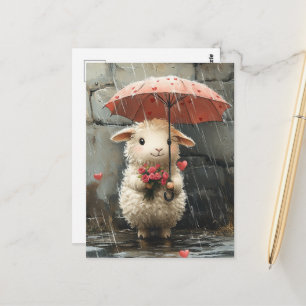 Cartão Postal Cordeiro com Corações, Rosas e Guarda-chuva