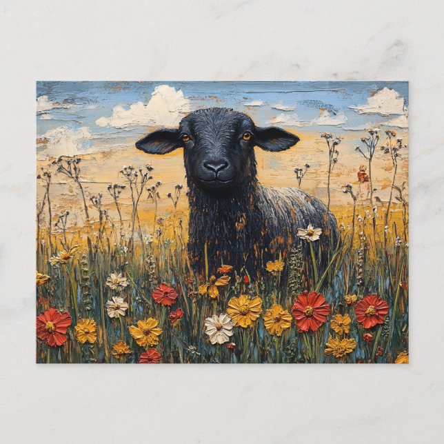 Cartão Postal Cordeiro Preto Rústico com Flores Silvestres Arte (Frente)