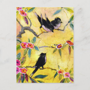 Cartão Postal Cores da Manhã: Pintura de Pássaros em Amarelo e R
