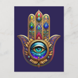 Cartão Postal Cores de Pavão Dourado Hamsa Safira Terceiro Olho