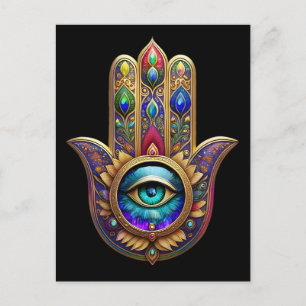 Cartão Postal Cores de Pavão Dourado Hamsa Safira Verde Terceiro