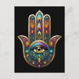Cartão Postal Cores de Pavão Hamsa com Terceiro Olho Dourado