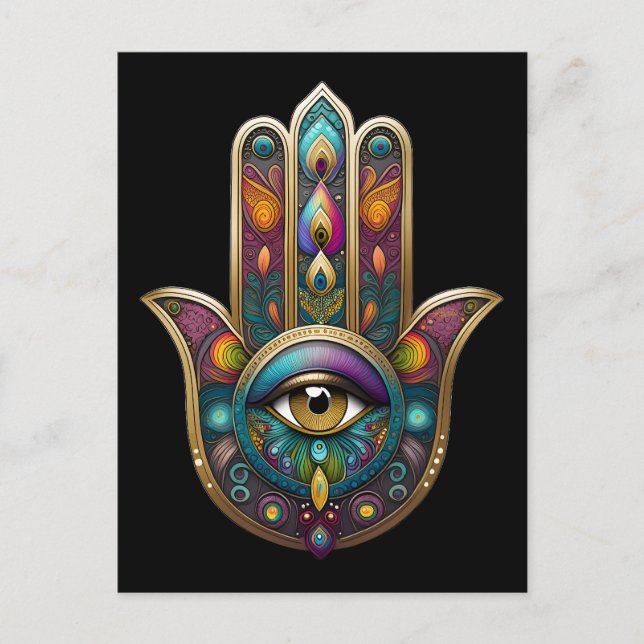 Cartão Postal Cores de Pavão Hamsa com Terceiro Olho Dourado (Frente)