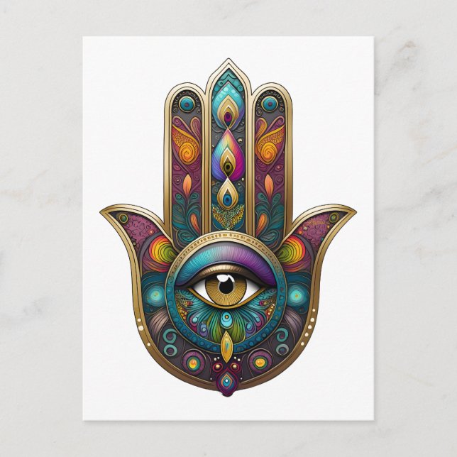 Cartão Postal Cores de Pavão Hamsa com Terceiro Olho Dourado (Frente)