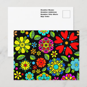 Cartão Postal Cores Neon em Preto Padrão Floral Retro Sem Costur
