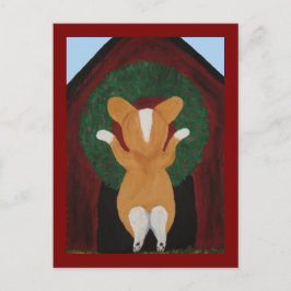 Cartão Postal Corgi colocando Coroa de Natal na Casa do Cachorro