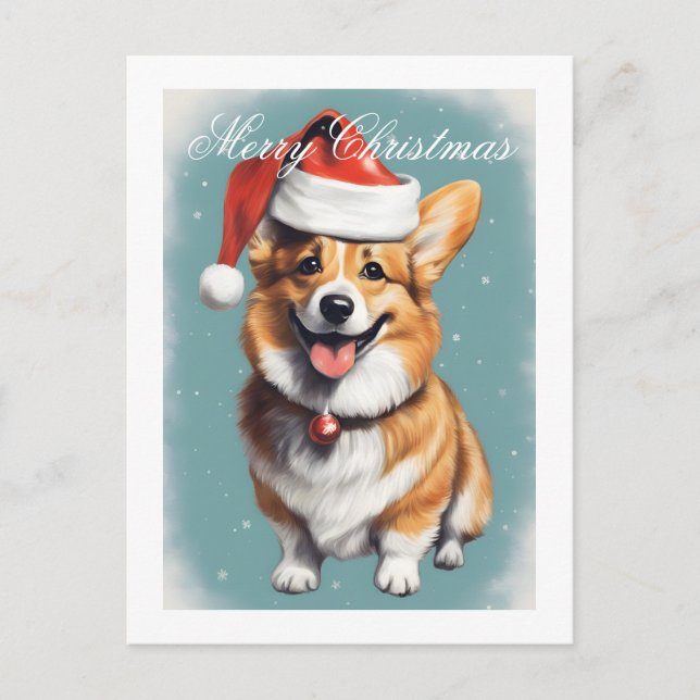 Cartão Postal Corgi com Papai Noel Feliz Natal (Frente)