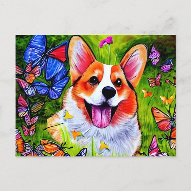 Cartão Postal Corgi e arte de borboletas (Frente)