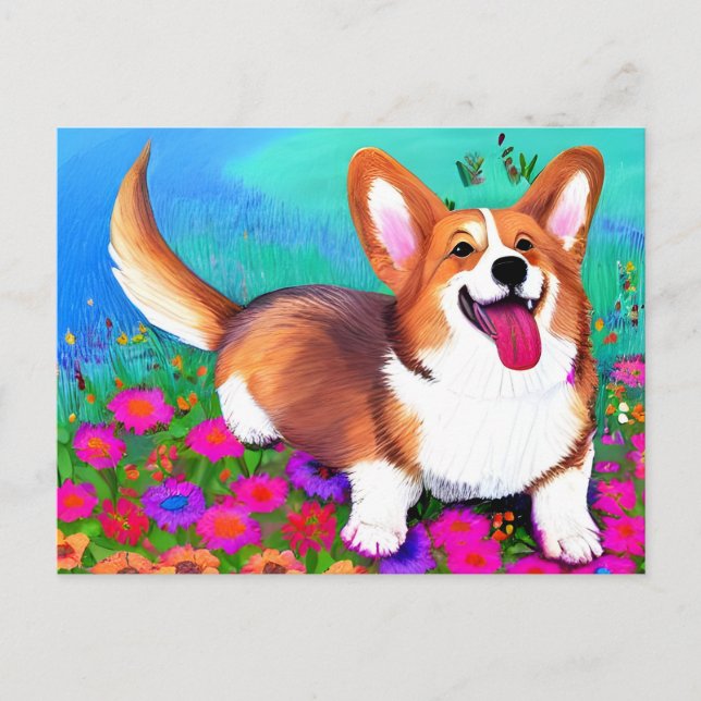 Cartão Postal Corgi e flores (Frente)