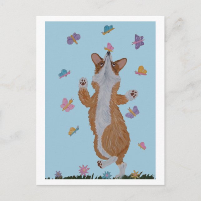 Cartão Postal Corgi galês dançante com borboletas (Frente)