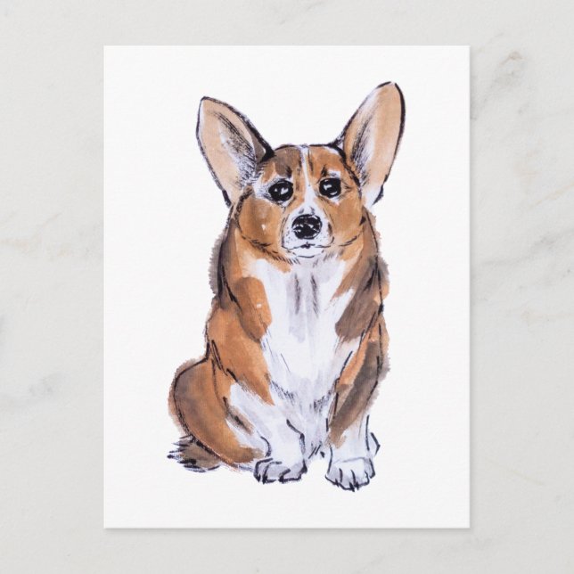 Cartão Postal Corgi sumie aquarela (Frente)