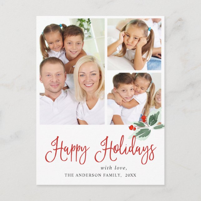 Cartão Postal Coroa de Azevinho Festivo Saudação de Natal Férias (Frente)