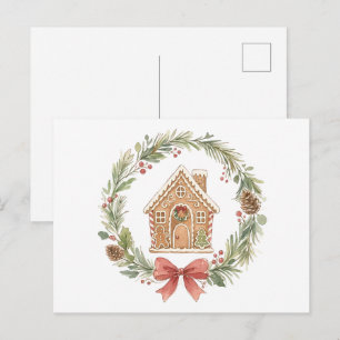 Cartão Postal Coroa de Casa de Pão de Mel com Laço Vermelho Aqua