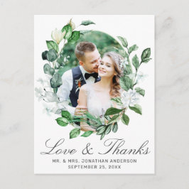 Cartão Postal Coroa de Folhagem Moderna Foto Casamento Obrigado