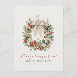 Cartão Postal Coroa de Natal em Aquarela Minimalista