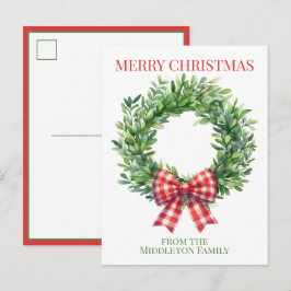Cartão Postal Coroa de Natal em Aquarela Verde com Laço de Xadre