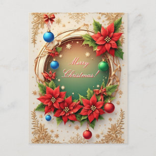 Cartão Postal Coroa de Natal Festiva 🎄✨Vermelho Poinsettia