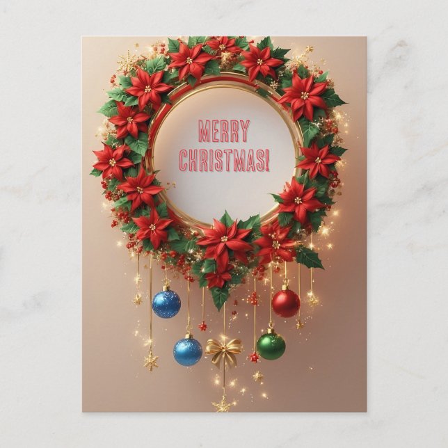 Cartão Postal Coroa de Natal Festivo Feriado 🎄✨ Poinsettia (Frente)