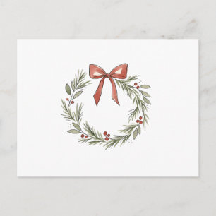 Cartão Postal Coroa de Natal Macia com Aquarela de Laço Rosa 