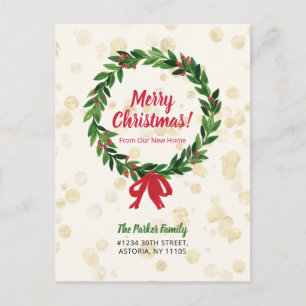 Cartão Postal Coroa de Natal Vermelha e Verde Anúncio de Mudança