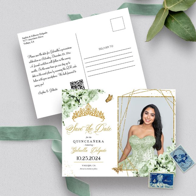 Cartão Postal Coroa de Tiara Verde e Dourado Quinceañera Fotogra (Criador carregado)