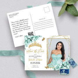 Cartão Postal Coroa de Titular Verde-Menta e Dourado Quinceañera