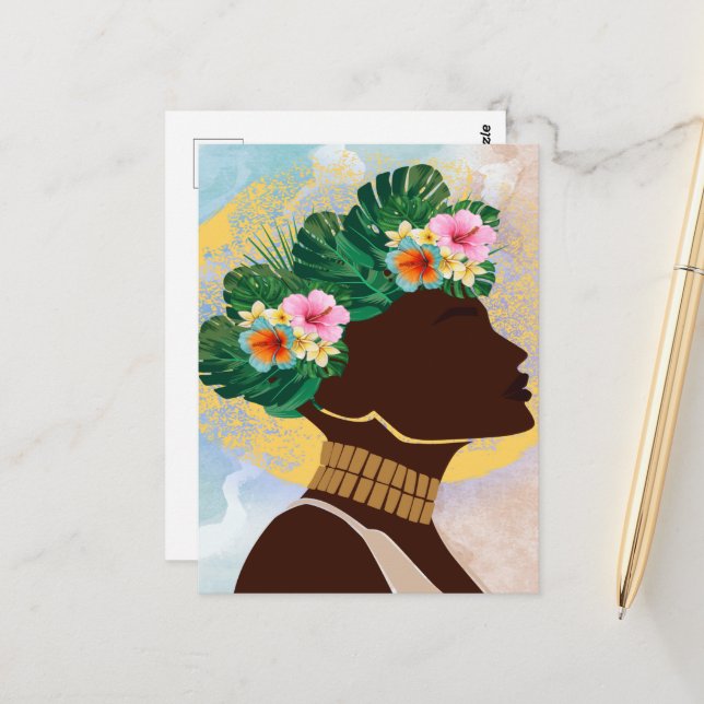 Cartão Postal Coroa Floral de Mulher Americana Africana (Frente/Verso In Situ)