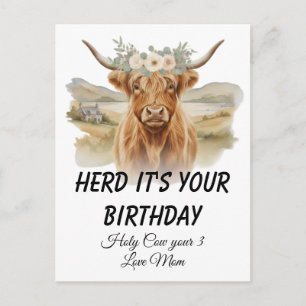 Cartão Postal Coroa Floral de Vaca das Terras Altas Parabéns de