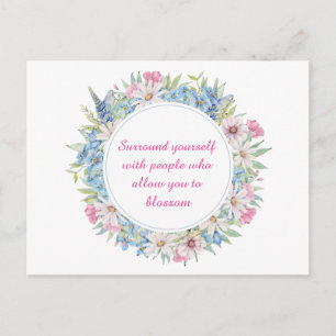 Cartão Postal Coroa Floral Rosa Branco Azul Motivacional
