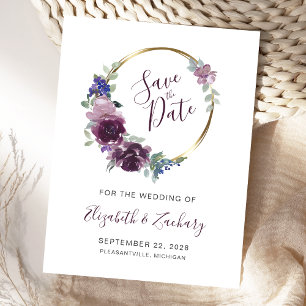 Cartão Postal Coroa Floral Roxa Boho Save the Date em Branco