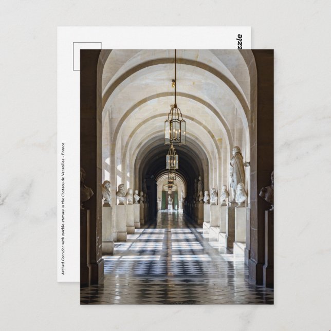 Cartão Postal Corredor com estátuas no Chateau de Versailles (Frente/Verso)