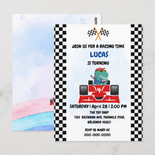 Cartão Postal Corrida de carro de dinossauro de aniversário meni