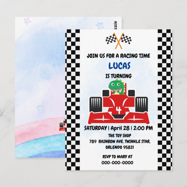 Cartão Postal Corrida de dinossauro de aniversário menino carro  (Frente/Verso)