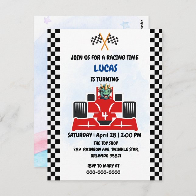 Cartão Postal Corrida de dinossauro de aniversário menino carro  (Frente/Verso)