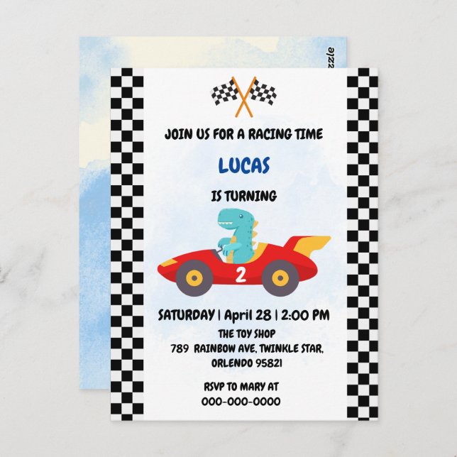 Cartão Postal Corrida de dinossauro de aniversário menino carro  (Frente/Verso)