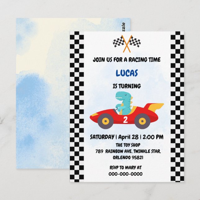 Cartão Postal Corrida de dinossauro de aniversário menino vermel (Frente/Verso)